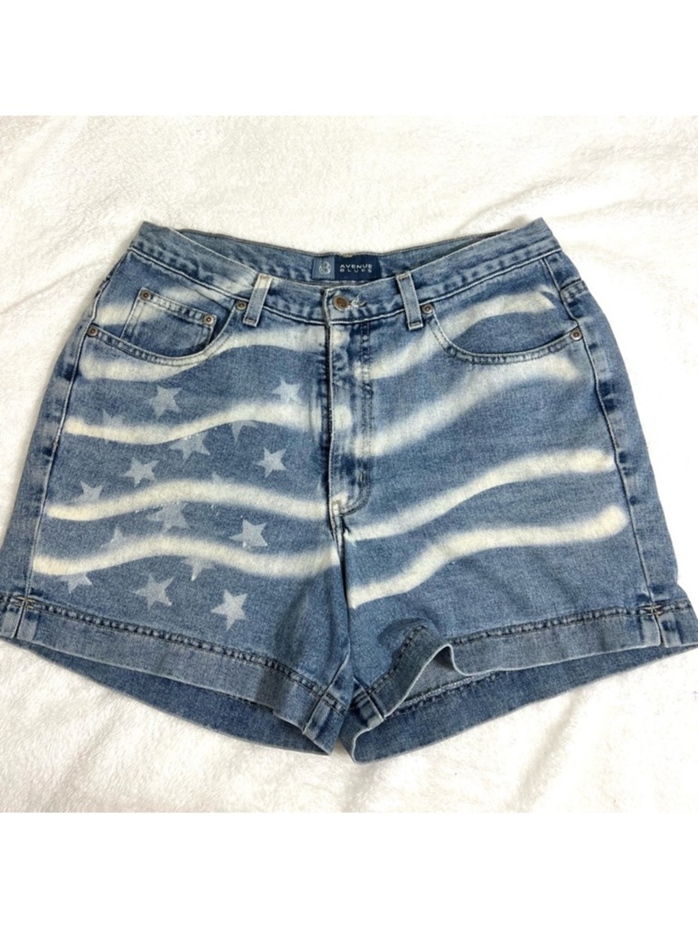 Vintage High Rise Jean Shorts Bleached Stars and Stripes Patriotic Size 14